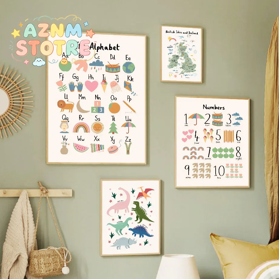 Baby Nursery Ideas - Карта мира животных, динозавры, алфавит, цифры,